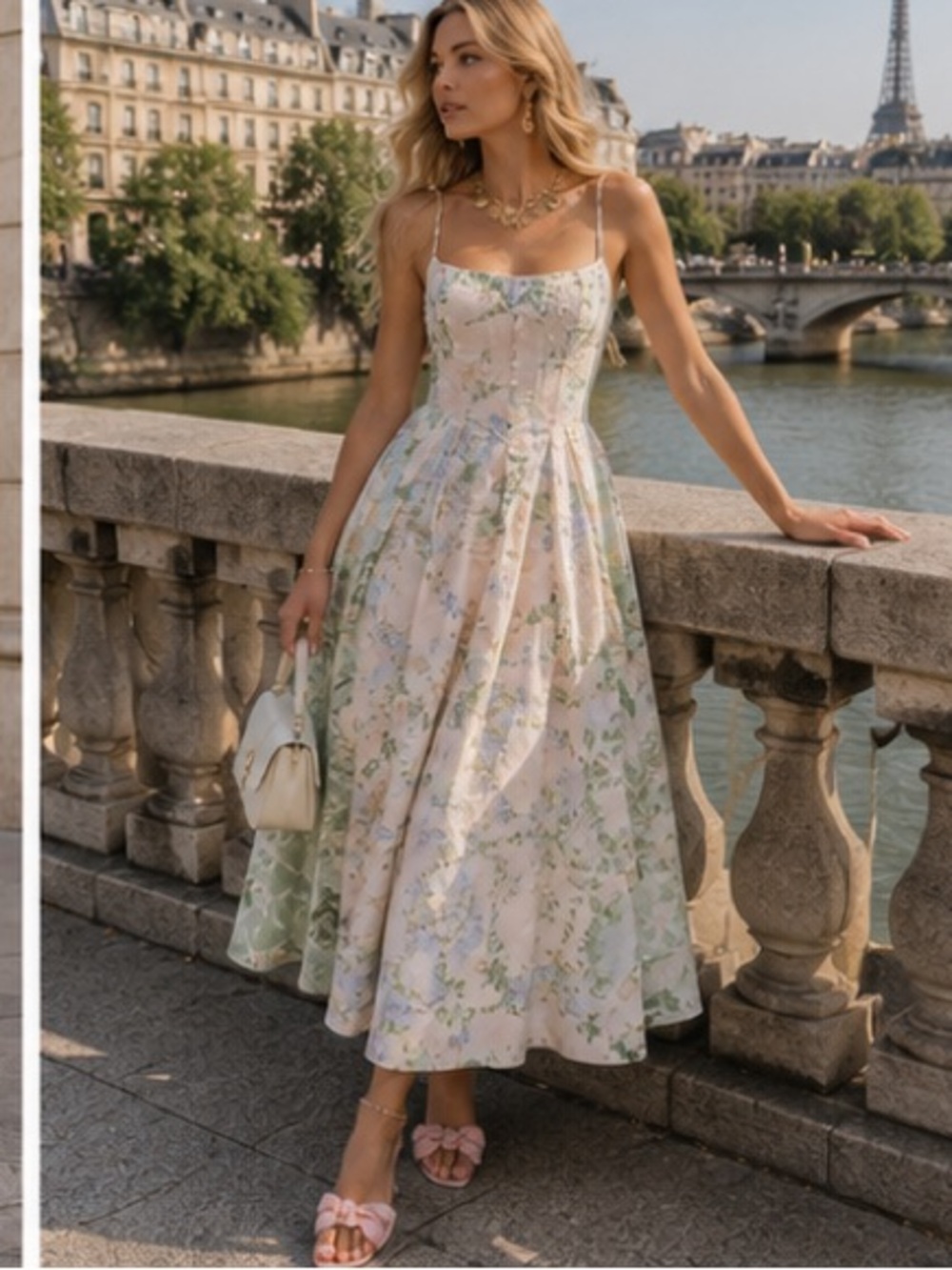 Rare Camilla Pastel Floral Spaghetti-Strap Midi Dress in Cream, Green, Blue